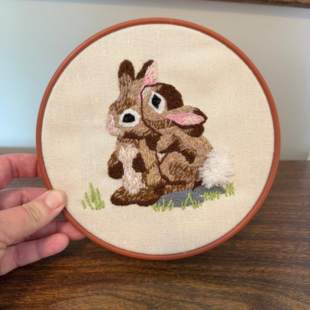 Vintage Handmade Bunny Rabbit Embroidery Hoop Art Woodland Decor 6.75 Inch
